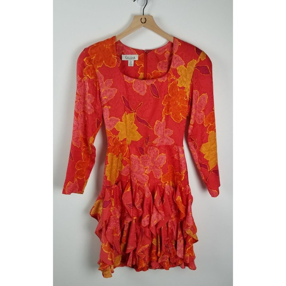 Vintage Gillian Women's Sz. 4 100% Silk Orange/Yellow Floral L/S Ruffle Dress